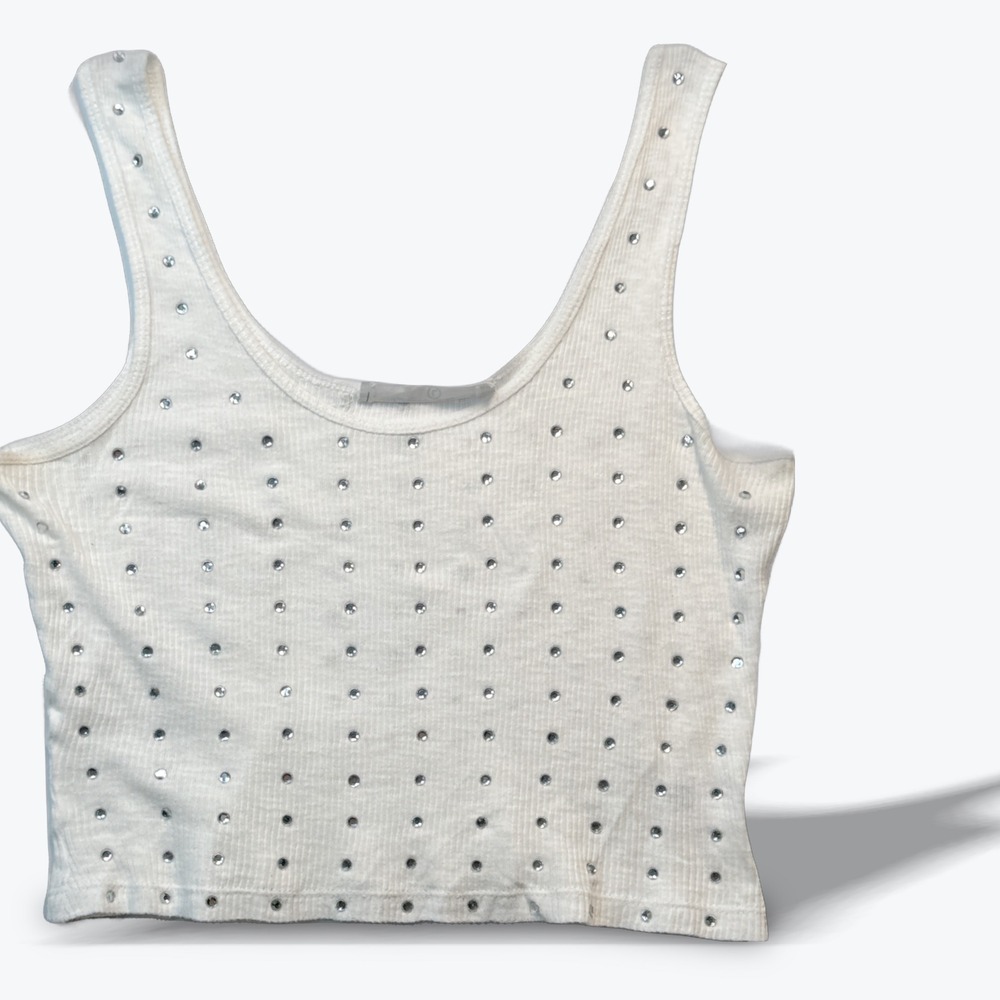 Emma & Sam Cropped Tank Top Ribbed Rhinestone Camisole White Scoop Neck Large
